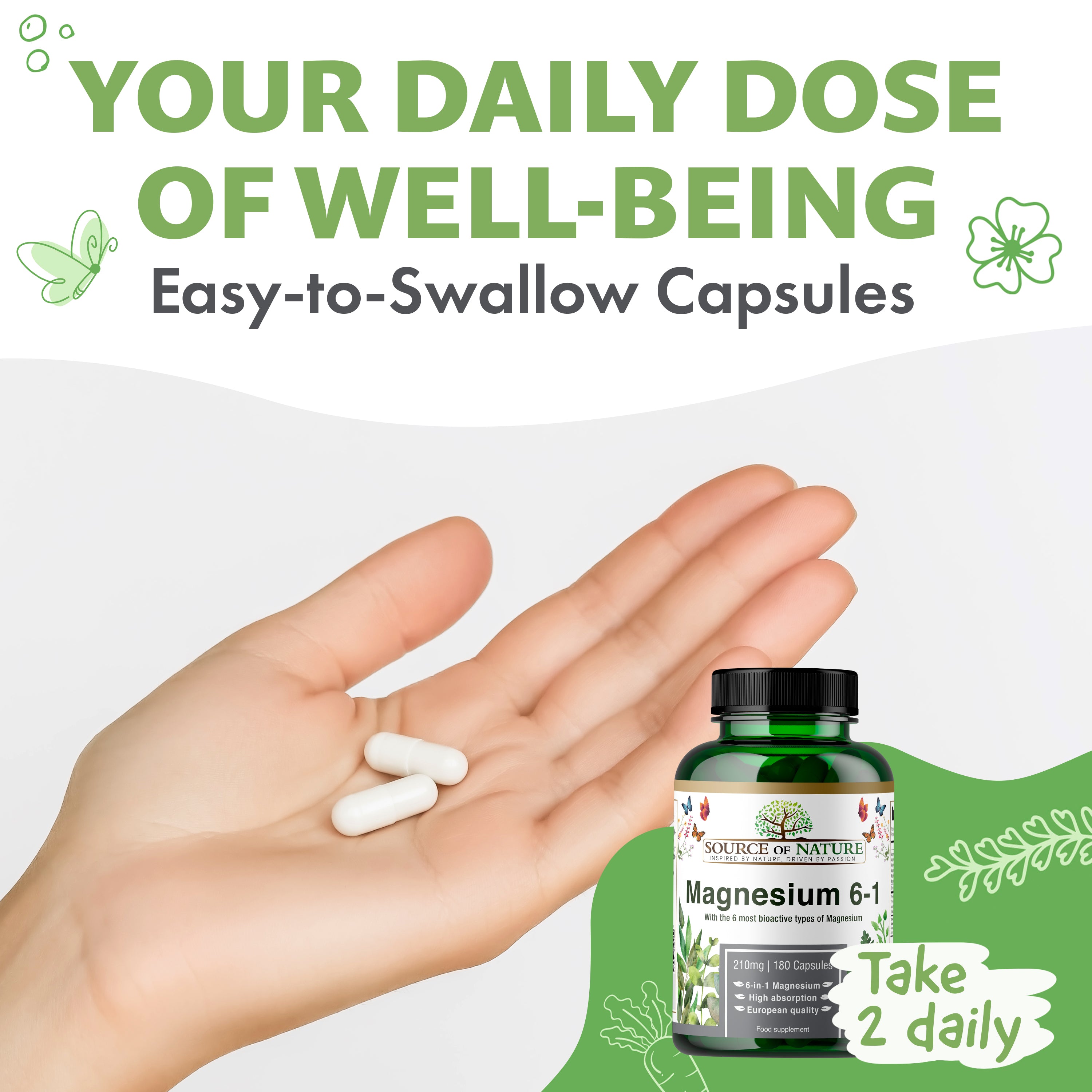 6-in-1 Magnésium 420mg | 180 Capsules | Approvisionnement de 3 mois - Source of Nature